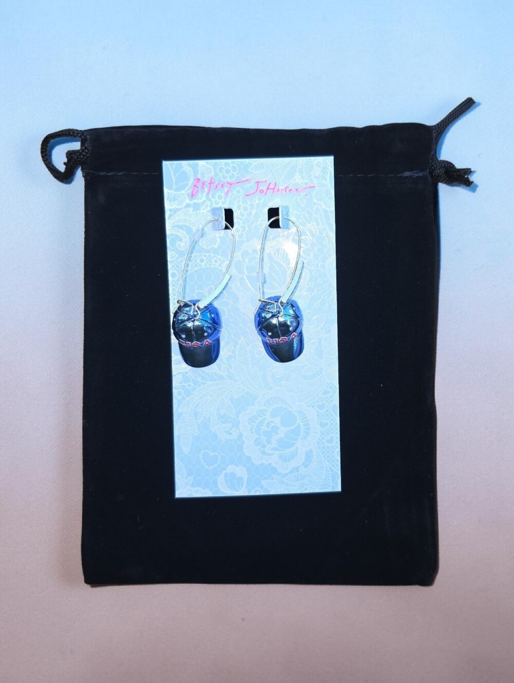 Betsey Johnson hoop earrings with iridescent blue usa baseball hat charm